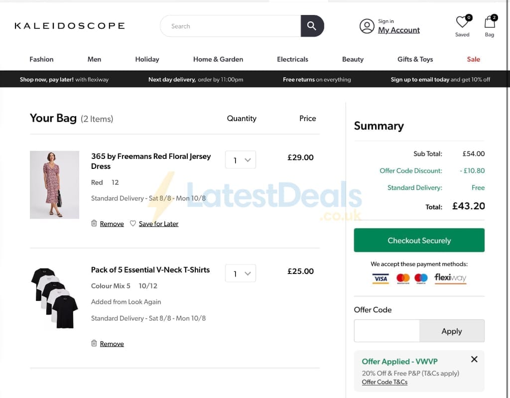 Screenshot of the Kaleidoscope discount code working