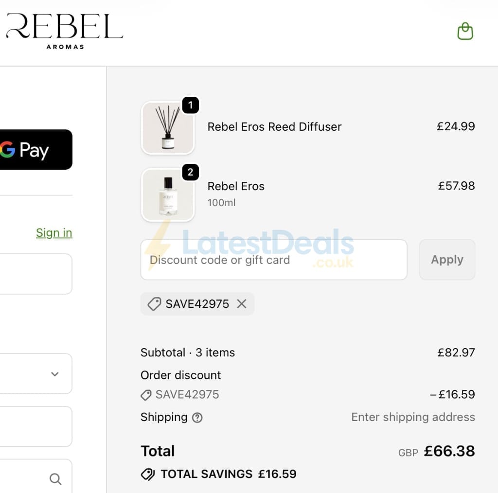 Screenshot of the Rebel Aromas discount code working