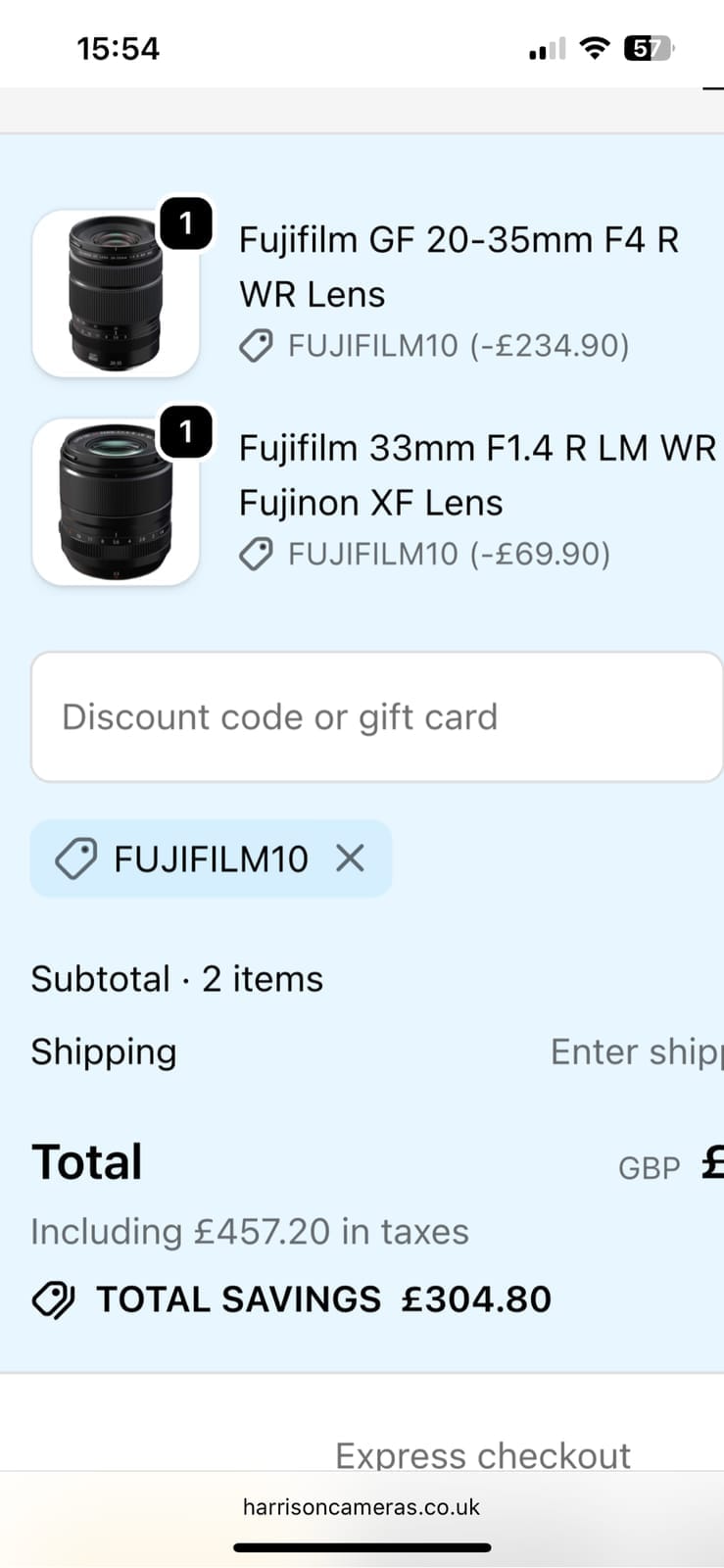 Screenshot of the Harrison Cameras discount code working