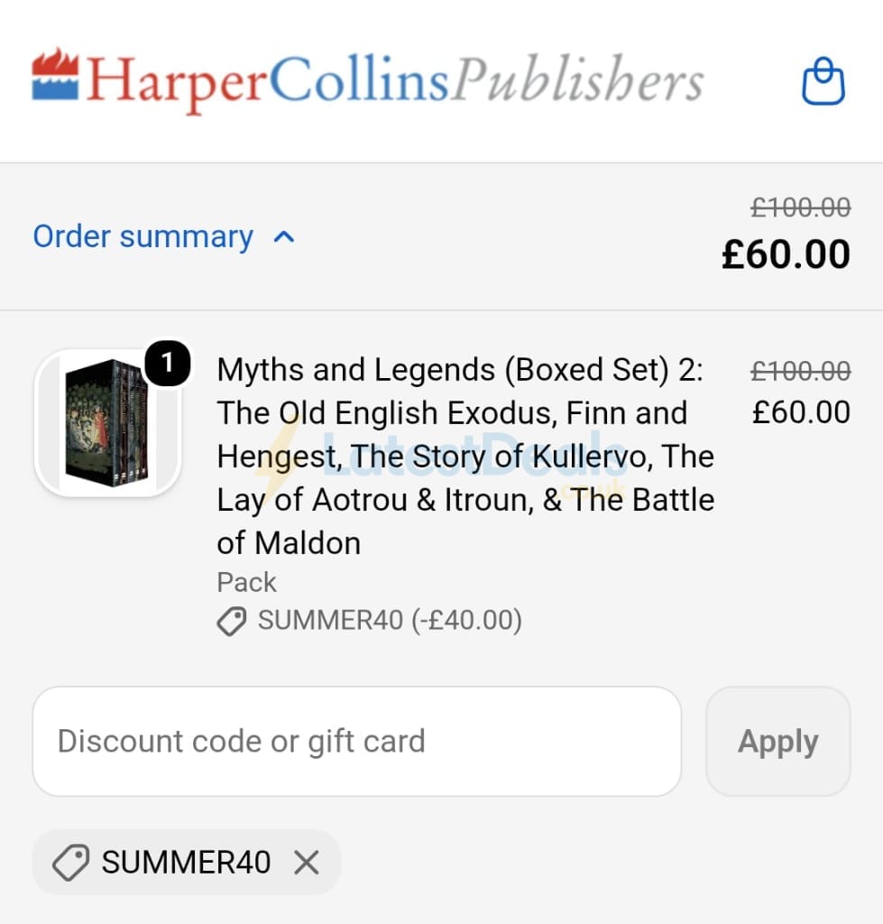 Screenshot of the Harper Collins discount code working