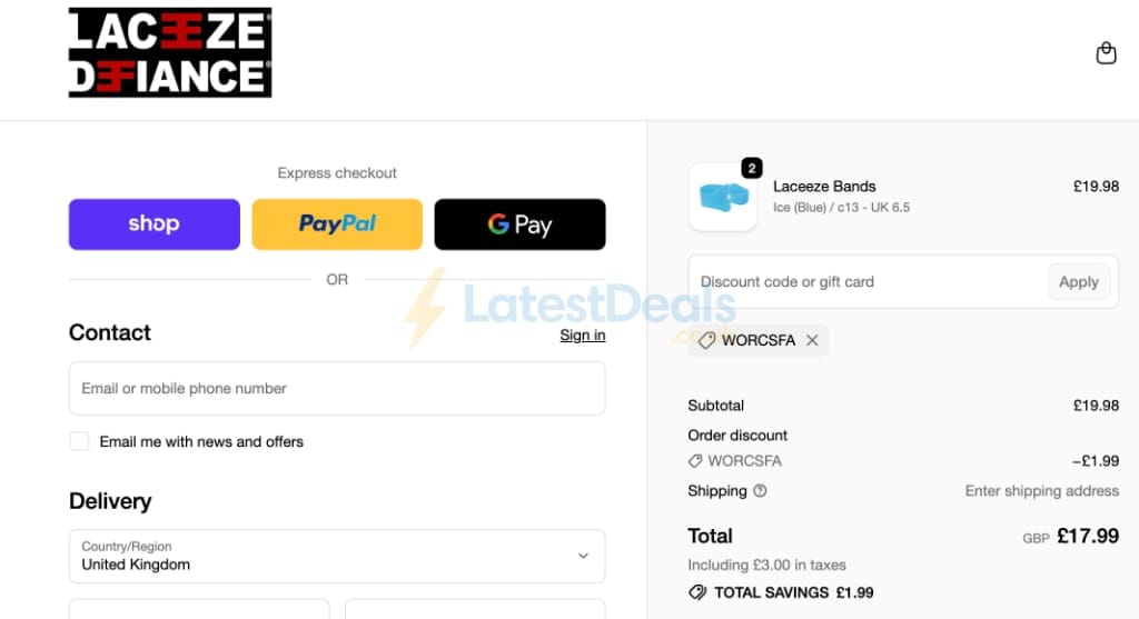 Screenshot of the Laceeze discount code working