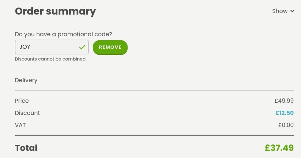 Screenshot of the Hooray Heroes discount code working