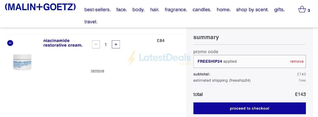 Screenshot of the Malin + Goetz discount code working