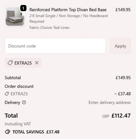 Screenshot of the The Bed Supermarket discount code working