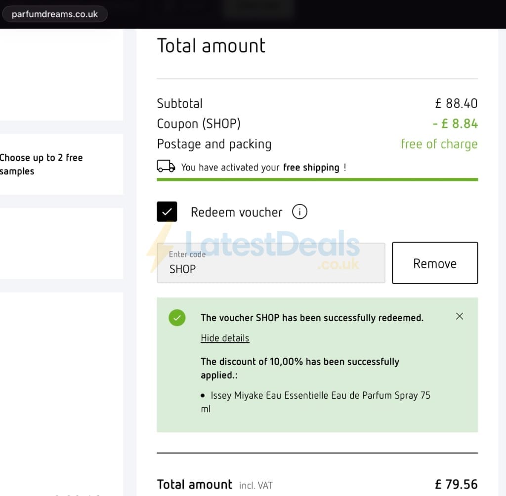 Screenshot of the Parfumdreams discount code working