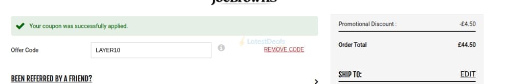 Screenshot of the Joe Browns discount code working