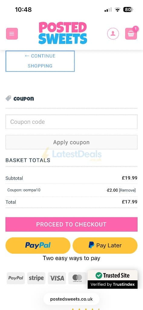 Screenshot of the Posted Sweets discount code working