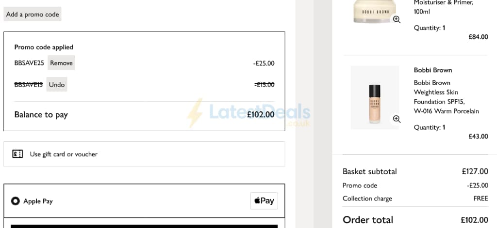 Screenshot of the John Lewis discount code working