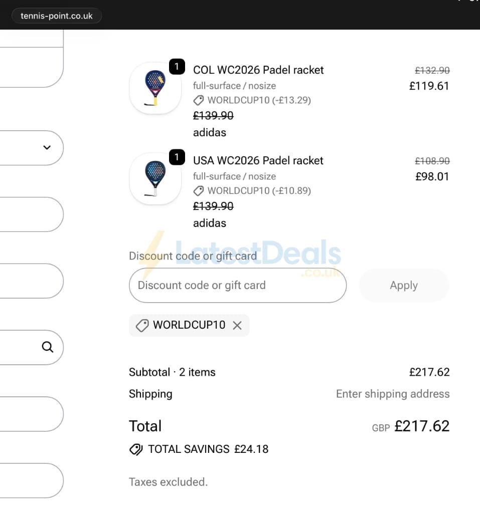 Screenshot of the Tennis Point discount code working
