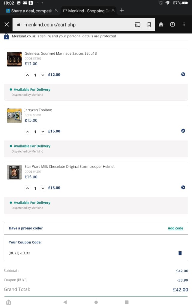Screenshot of the Menkind discount code working