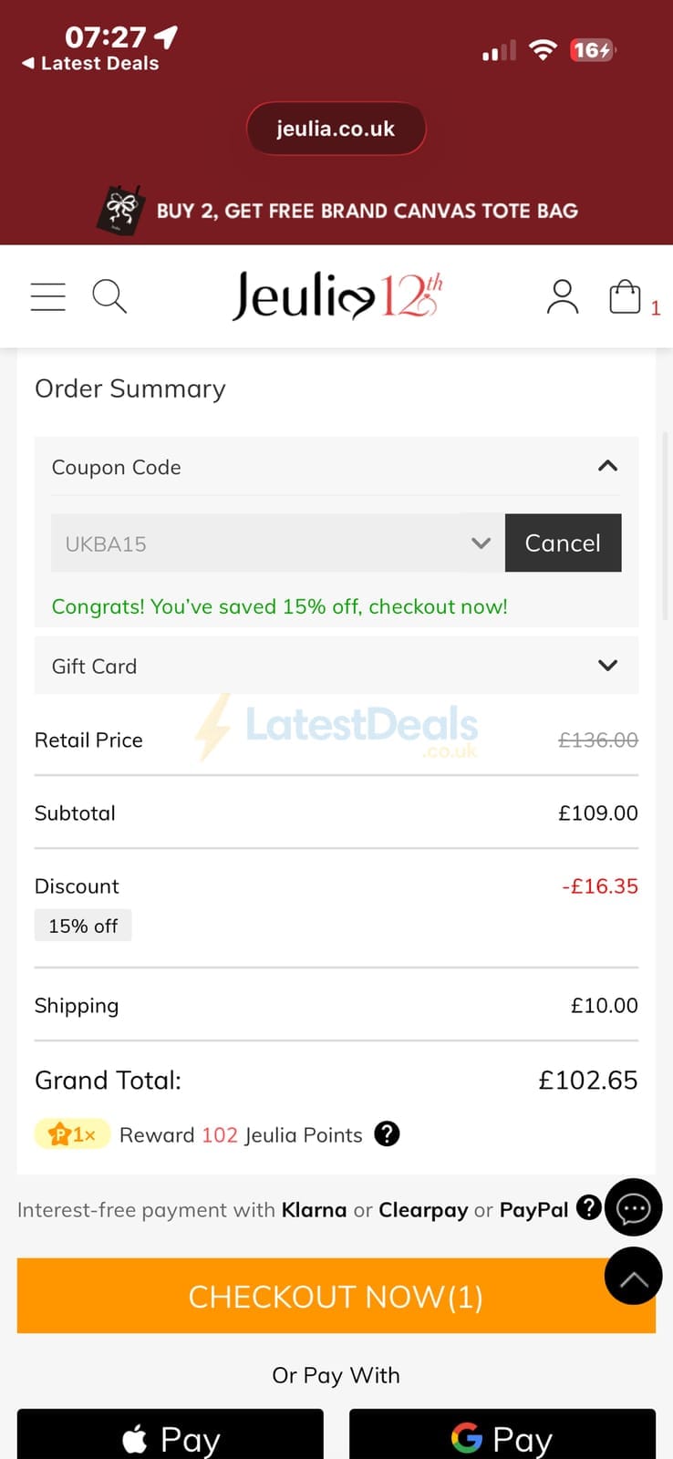 Screenshot of the Jeulia discount code working