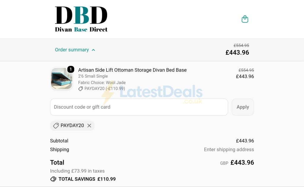 Screenshot of the Divan Base Direct discount code working