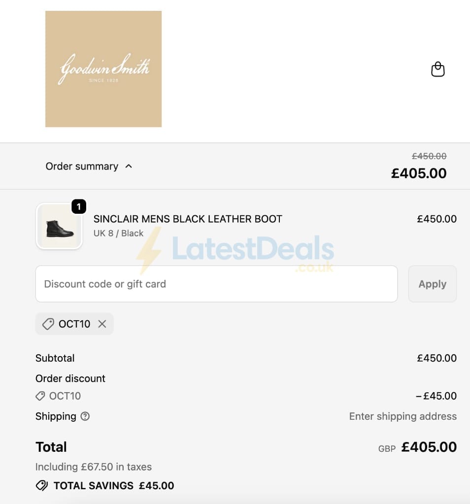 Screenshot of the Goodwin Smith discount code working
