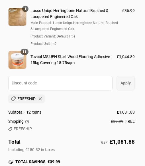 Screenshot of the Stories Flooring discount code working