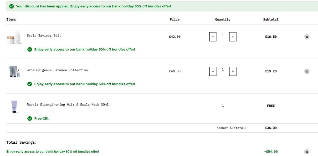 Screenshot of the Grow Gorgeous discount code working