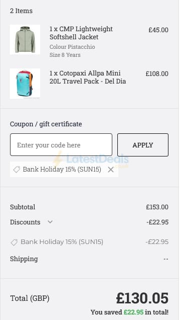 Screenshot of the Little Trekkers discount code working