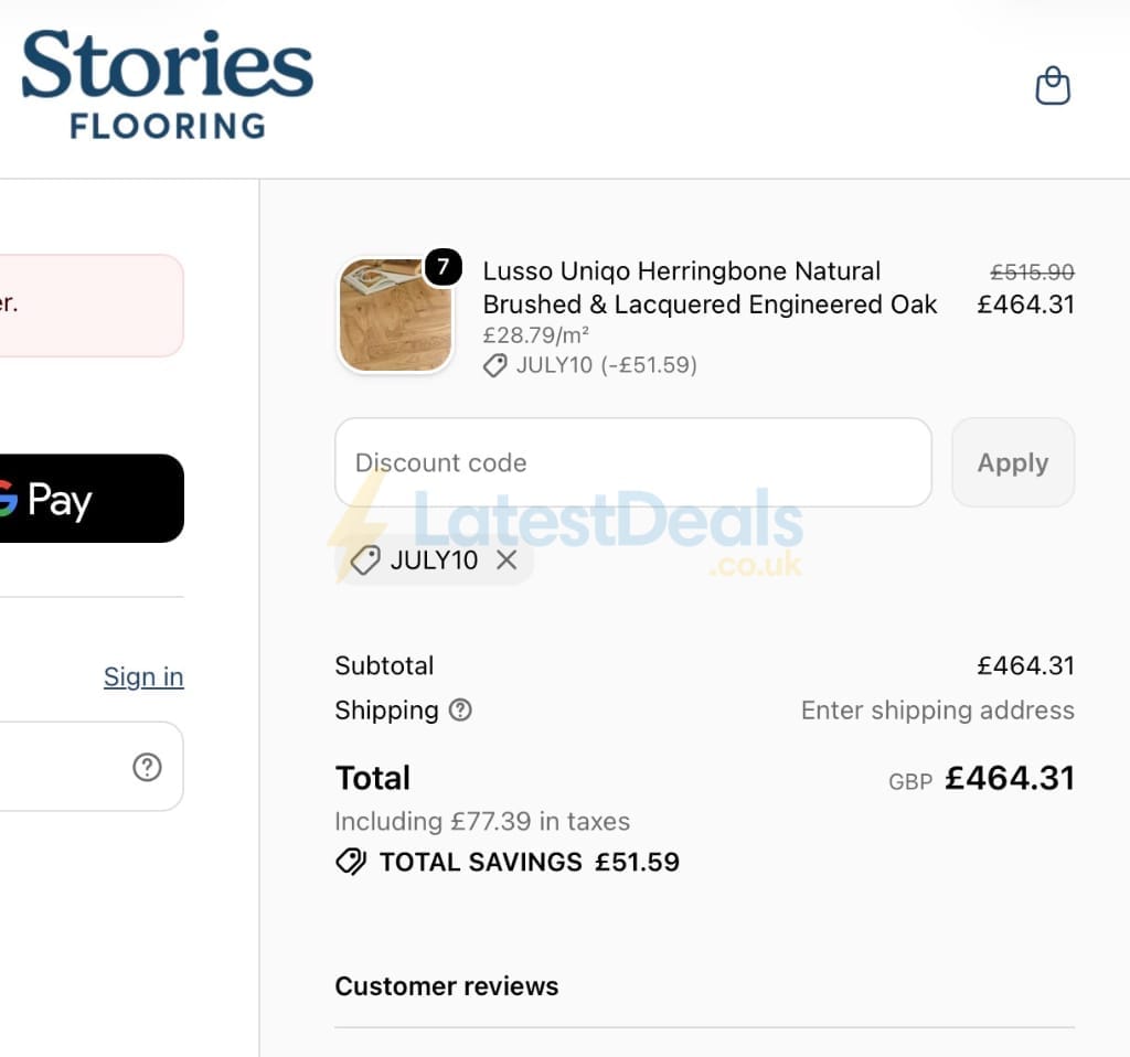 Screenshot of the Stories Flooring discount code working