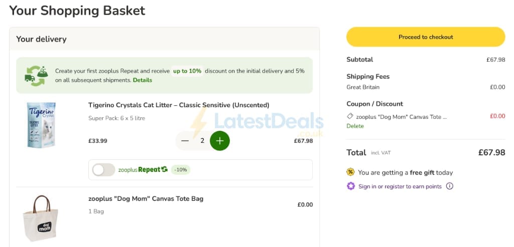 Screenshot of the zooplus discount code working