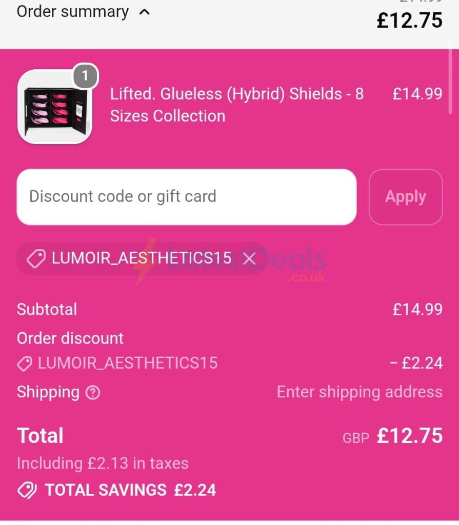 Screenshot of the LashBase discount code working