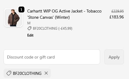 Screenshot of the Route One discount code working