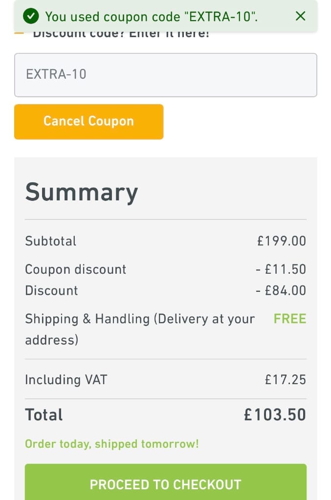 Screenshot of the Lampandlight discount code working