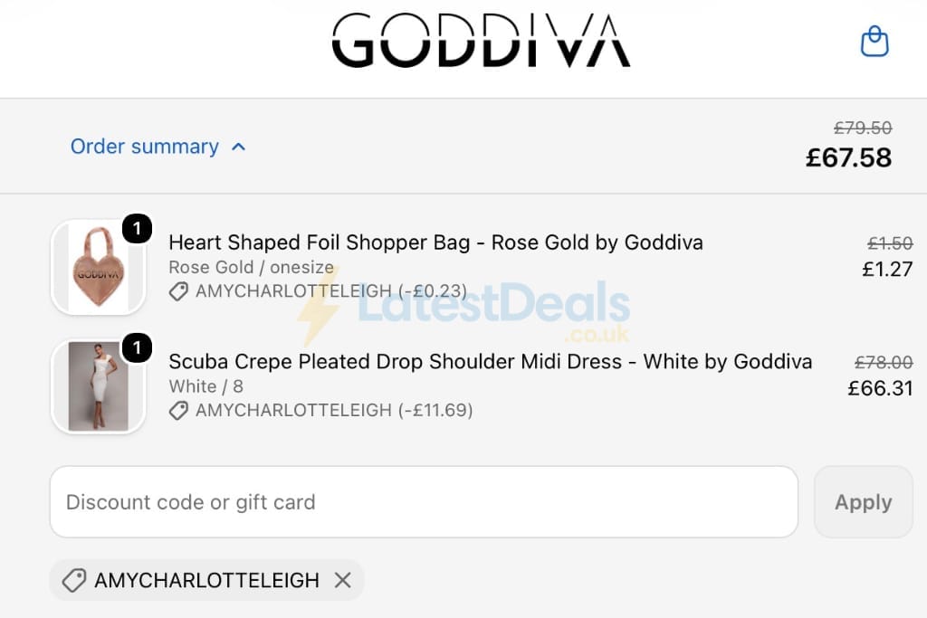 Screenshot of the Goddiva discount code working