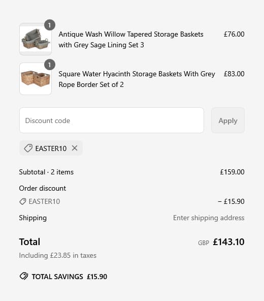 Screenshot of the Wovenhill discount code working