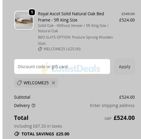 Screenshot of the The Oak Bed Store discount code working