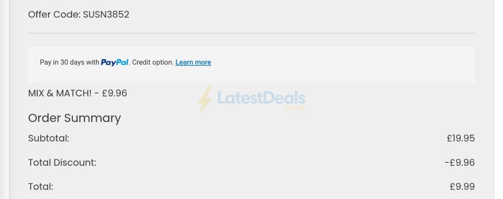 Screenshot of the Suttons discount code working