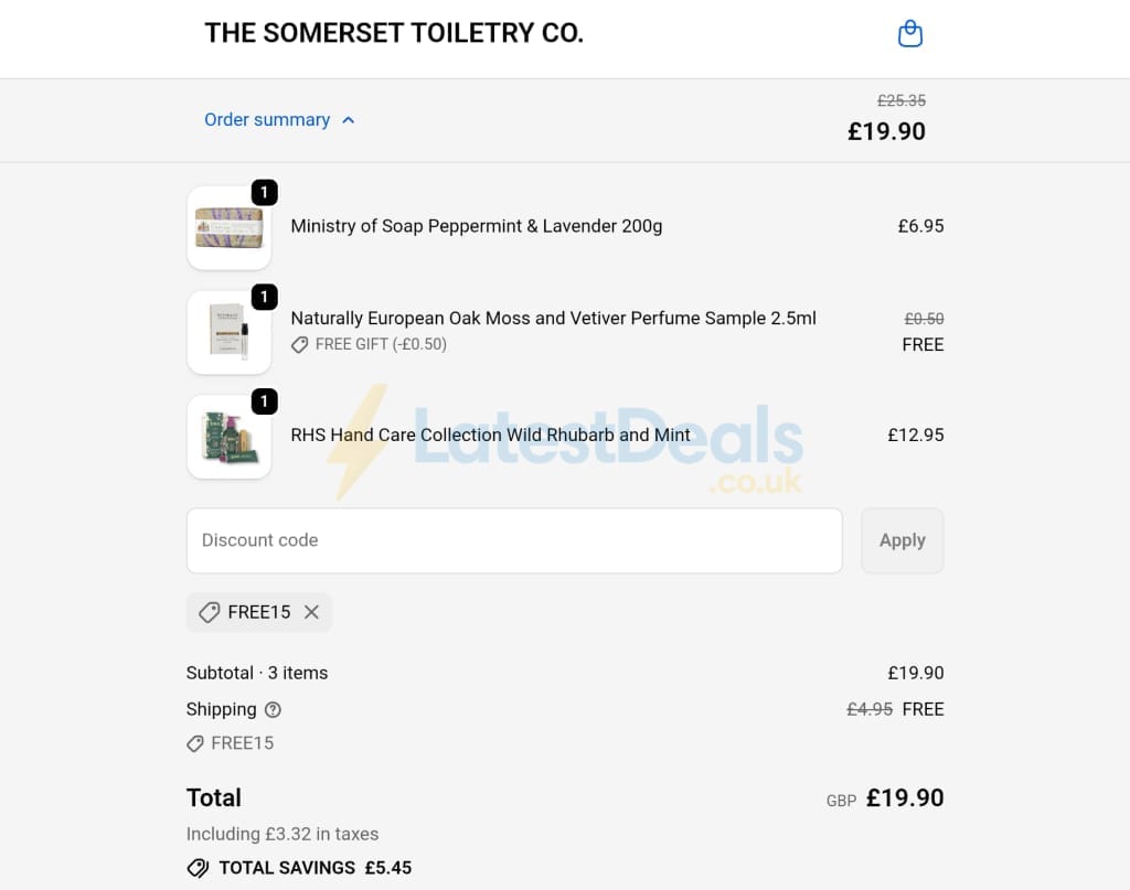 Screenshot of the The Somerset Toiletry Co discount code working