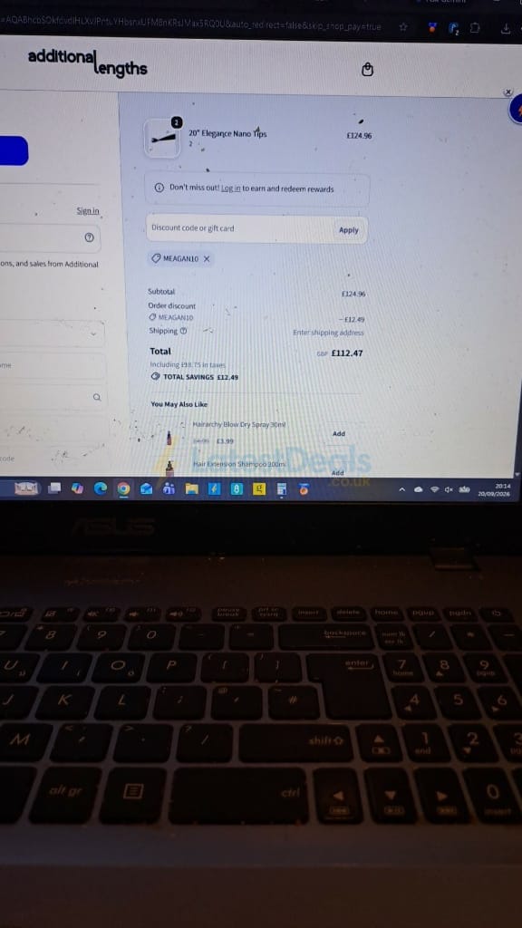 Screenshot of the Additional Lengths discount code working