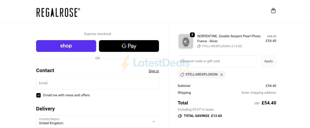 Screenshot of the REGALROSE discount code working
