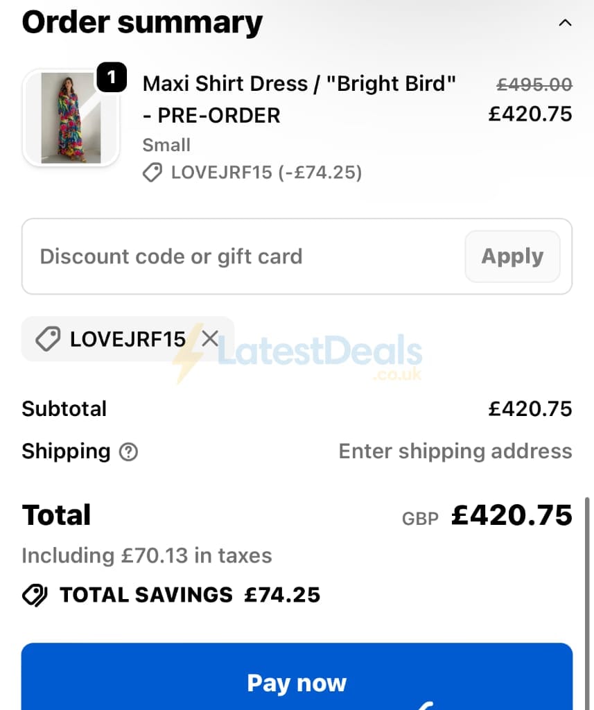 Screenshot of the Jessica Russell Flint discount code working