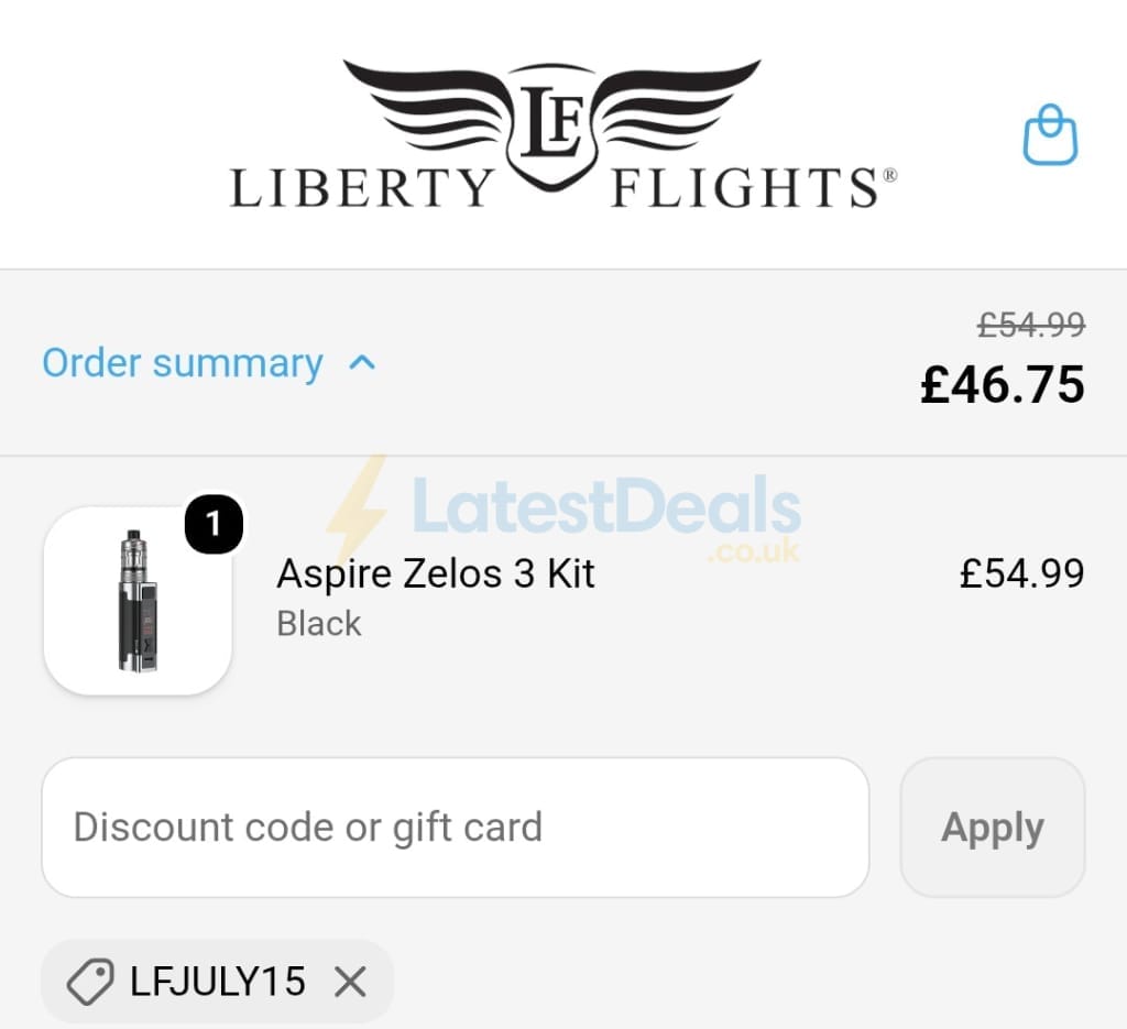 Screenshot of the Liberty Flights discount code working