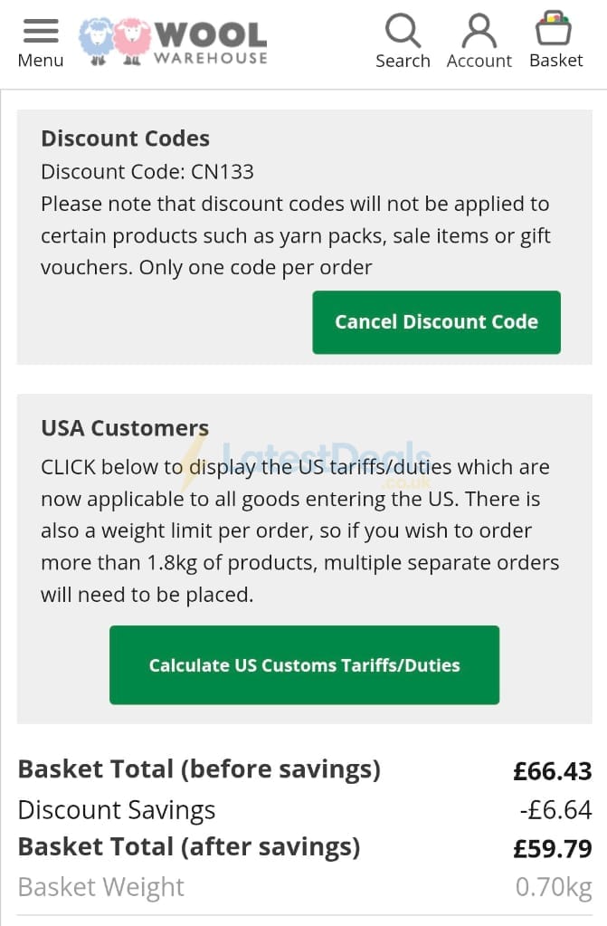 Screenshot of the Wool Warehouse discount code working