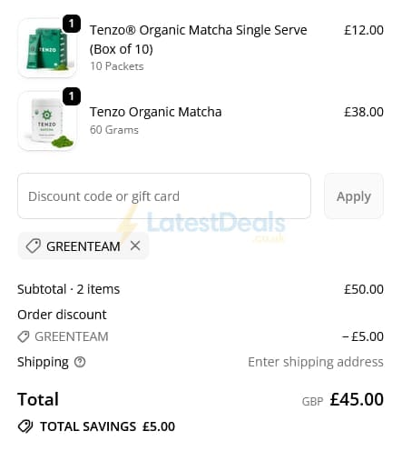 Screenshot of the Tenzo Tea discount code working