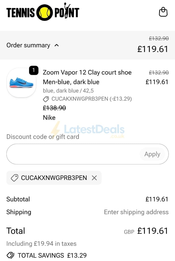 Screenshot of the Tennis Point discount code working