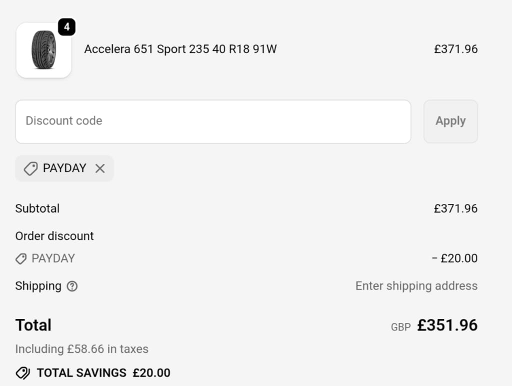 Screenshot of the Tire Streets discount code working