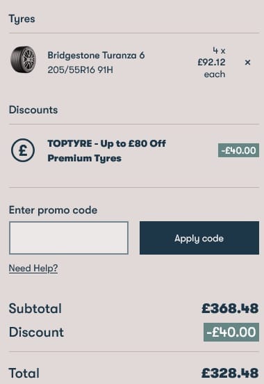 Screenshot of the Protyre discount code working