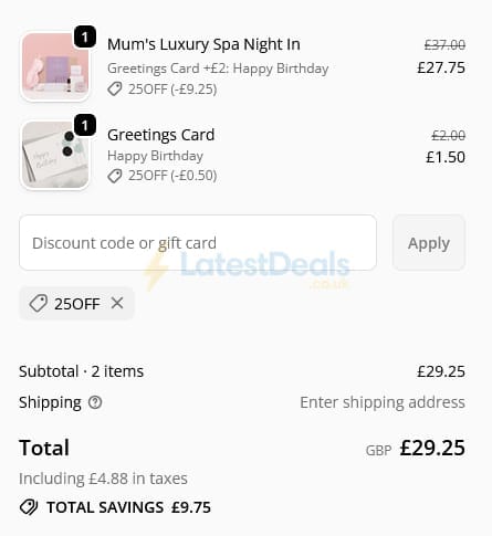 Screenshot of the Letterbox Gifts discount code working