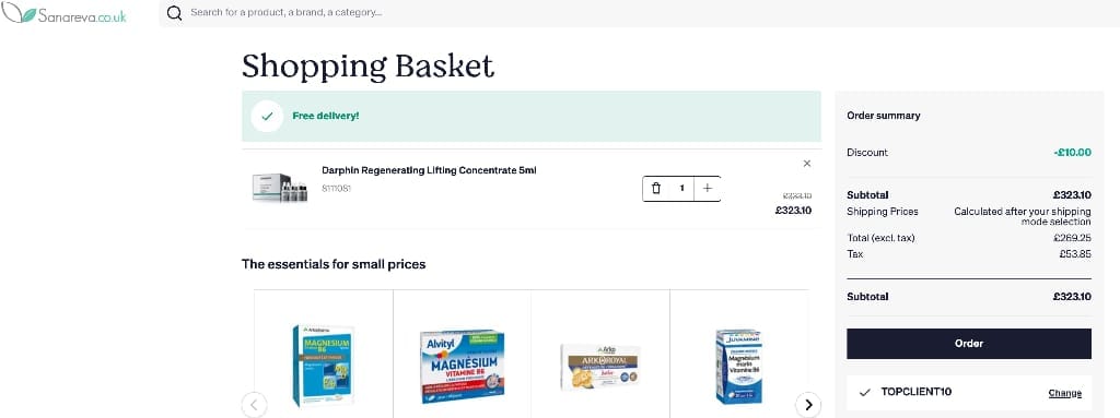 Screenshot of the Sanareva discount code working