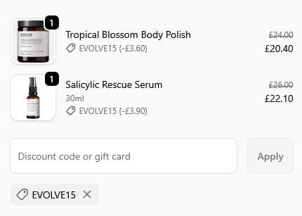 Screenshot of the MYPURE discount code working
