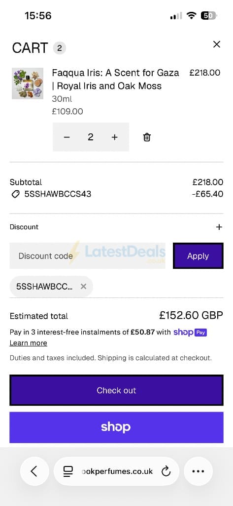Screenshot of the Rook Perfumes London discount code working