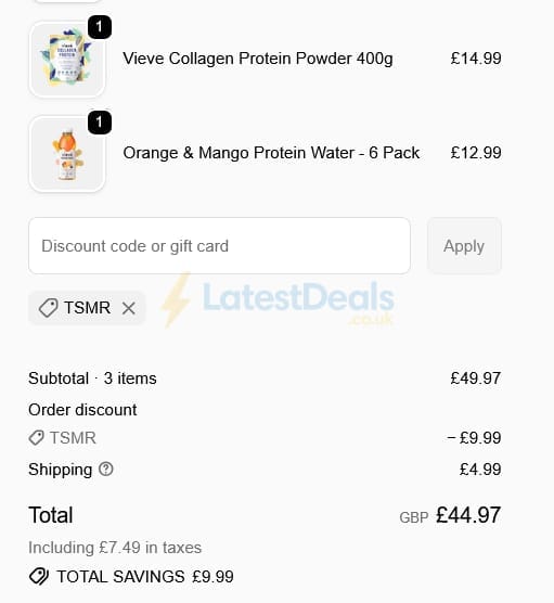 Screenshot of the Vieve discount code working