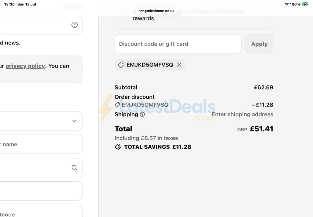 Screenshot of the Songmics discount code working