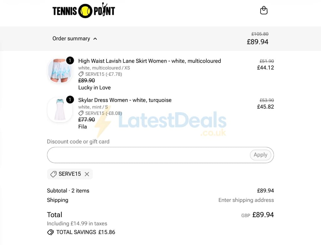 Screenshot of the Tennis Point discount code working