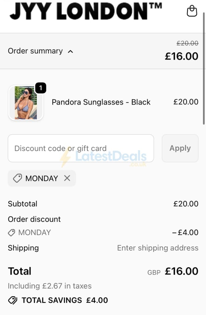 Screenshot of the JYY London discount code working