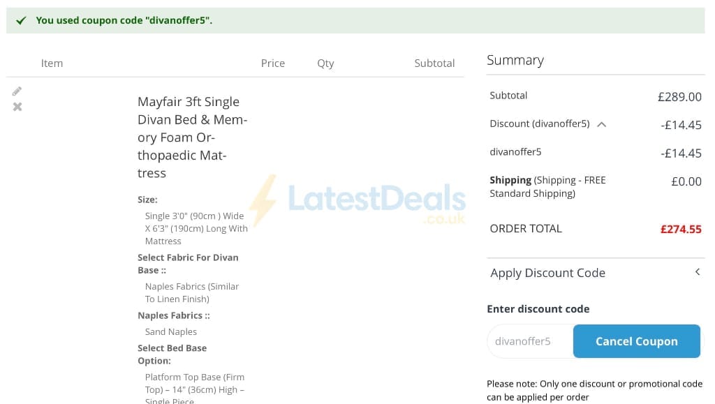 Screenshot of the Divan Beds Centre discount code working