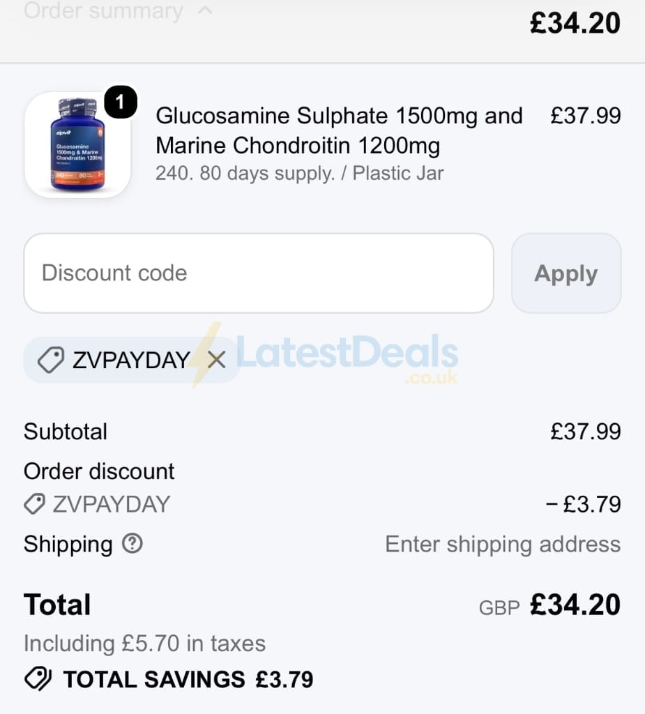 Screenshot of the ZipVit discount code working
