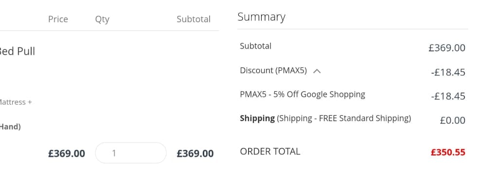 Screenshot of the Divan Beds Centre discount code working